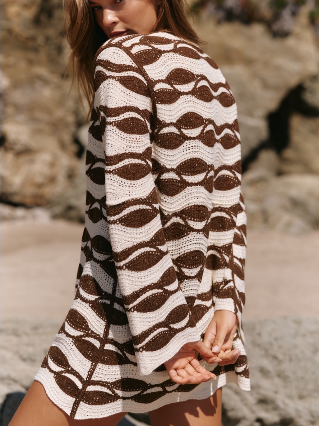 Celandine Cream & Brown Printed Crochet Beach Cover-Up
